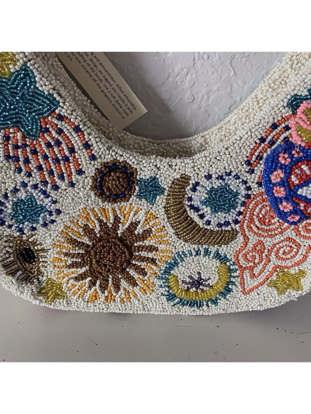 Handcrafted‎ India Evil Eye Sun Moon Stars Shoulder Beaded Bag Viral W/Charm NEW - Picture 2 of 13